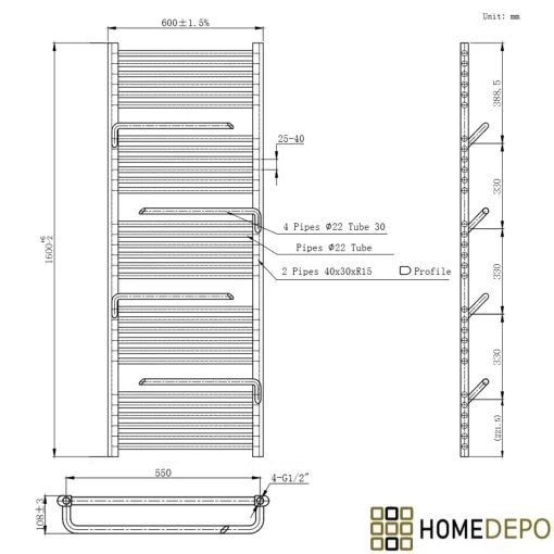 HD Atlas Black 1600x600 mm design törölközőszárító radiátor, matt fekete