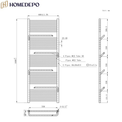 HD Atlas White 1600x600 mm elektromos design törölközőszárító radiátor 400W-os fűtőpatronnal, fényes fehér