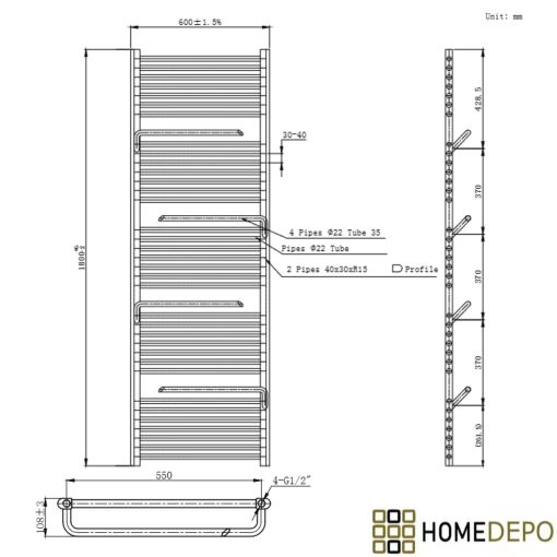 HD Atlas Black 1800x600 mm design törölközőszárító radiátor, matt fekete