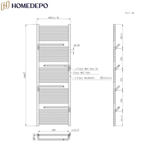 HD Atlas White 1800x600 mm elektromos design törölközőszárító radiátor 600W-os fűtőpatronnal, fényes fehér