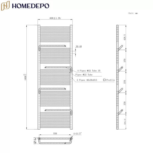 HD Atlas White 1800x600 mm design törölközőszárító radiátor, fényes fehér
