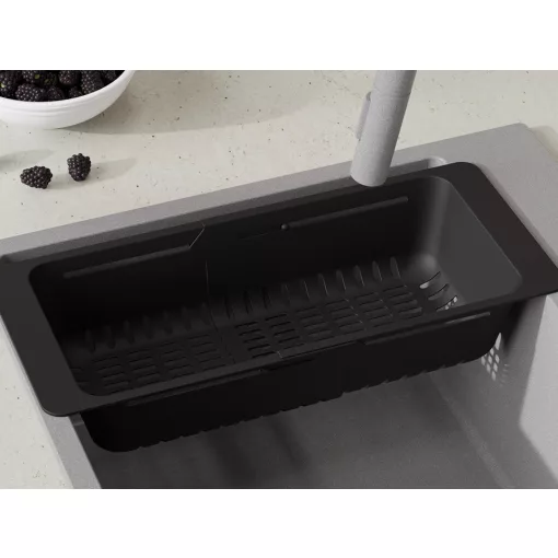 HD állítható gyümölcsmosó/edényszárító kosár, matt fekete színben, 46x18,4 cm