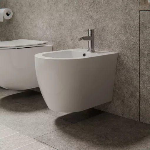 HD Lea Glossy White íves falra szerelhető bidé, cserélhető színű túlfolyóval