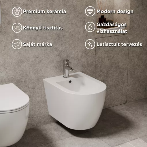 HD Lea Glossy White íves falra szerelhető bidé, cserélhető színű túlfolyóval
