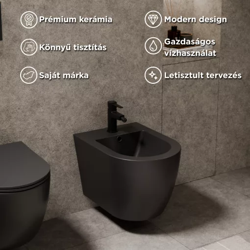HD Lea Matt Black íves falra szerelhető bidé, matt fekete túlfolyóval