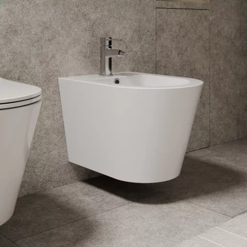 HD Madrid Glossy White íves falra szerelhető bidé, cserélhető színű túlfolyóval