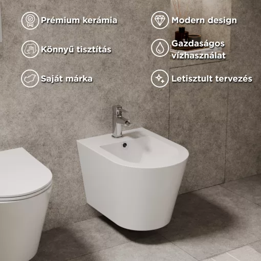 HD Madrid Glossy White íves falra szerelhető bidé, cserélhető színű túlfolyóval