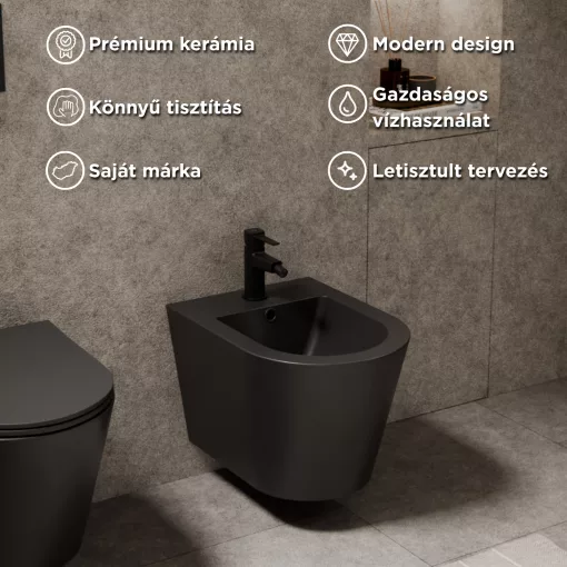 HD Madrid Matt Black íves falra szerelhető bidé, matt fekete túlfolyóval