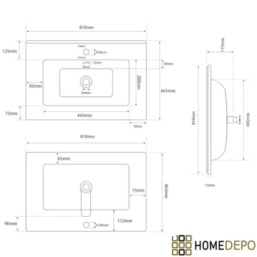 HD D07 White 60 cm fényes fehér slim kerámia mosdó matt fekete túlfolyóval