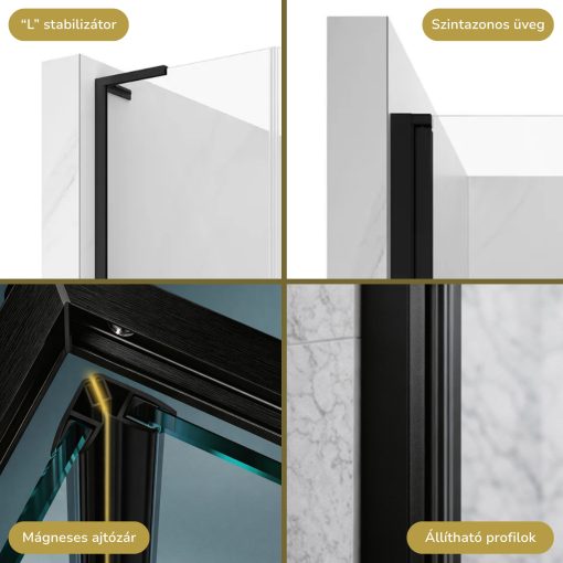 HD Diamond "L" Black 80x100 aszimmetrikus szögletes nyílóajtós zuhanykabin 6 mm vastag vízlepergető biztonsági üveggel, fekete elemekkel, 195 cm magas