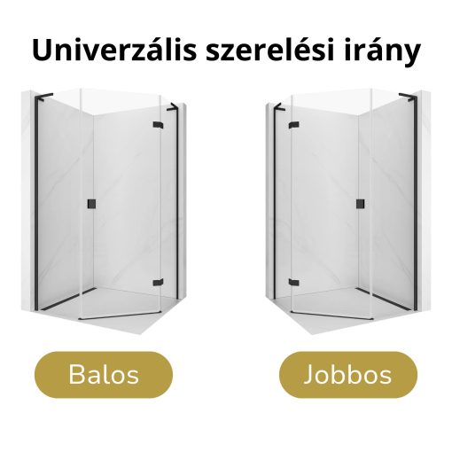 HD Diamond "L" Black 80x100 aszimmetrikus szögletes nyílóajtós zuhanykabin 6 mm vastag vízlepergető biztonsági üveggel, fekete elemekkel, 195 cm magas