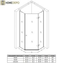 HD Diamond "L" Black 80x100 aszimmetrikus szögletes nyílóajtós zuhanykabin 6 mm vastag vízlepergető biztonsági üveggel, fekete elemekkel, 195 cm magas