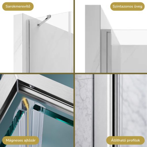 HD Diamond "S" 100x80 aszimmetrikus szögletes nyílóajtós zuhanykabin 6 mm vastag vízlepergető biztonsági üveggel, krómozott elemekkel és sarok merevítőkkel, 195 cm magas