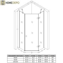 HD Diamond "S" 100x80 aszimmetrikus szögletes nyílóajtós zuhanykabin 6 mm vastag vízlepergető biztonsági üveggel, krómozott elemekkel és sarok merevítőkkel, 195 cm magas