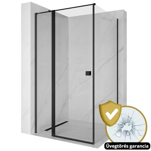 HD Defender "T" Black 110x70 aszimmetrikus szögletes nyílóajtós zuhanykabin 6 mm vastag vízlepergető biztonsági üveggel, fekete színű elemekkel, 195 cm magas
