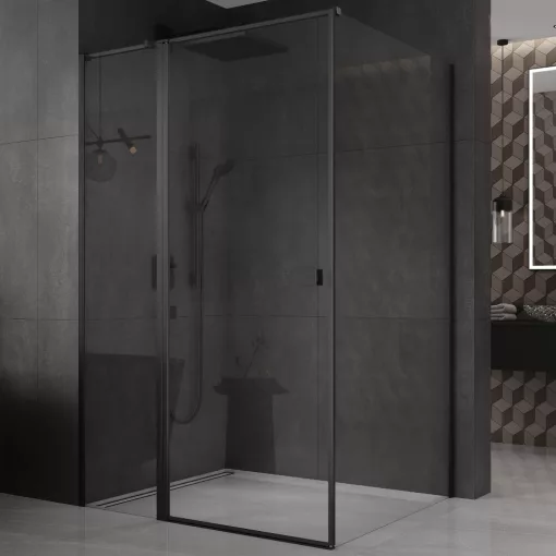 HD Defender "T" Black 110x70 aszimmetrikus szögletes nyílóajtós zuhanykabin 6 mm vastag vízlepergető biztonsági üveggel, fekete színű elemekkel, 195 cm magas