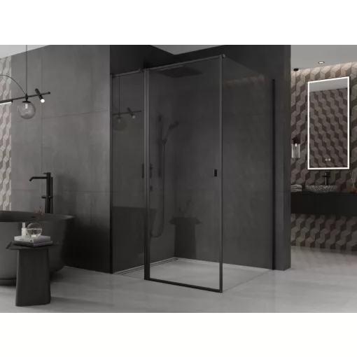 HD Defender "T" Black 110x70 aszimmetrikus szögletes nyílóajtós zuhanykabin 6 mm vastag vízlepergető biztonsági üveggel, fekete színű elemekkel, 195 cm magas