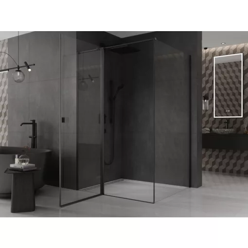 HD Defender "T" Black 110x70 aszimmetrikus szögletes nyílóajtós zuhanykabin 6 mm vastag vízlepergető biztonsági üveggel, fekete színű elemekkel, 195 cm magas
