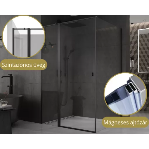 HD Defender "T" Black 110x70 aszimmetrikus szögletes nyílóajtós zuhanykabin 6 mm vastag vízlepergető biztonsági üveggel, fekete színű elemekkel, 195 cm magas