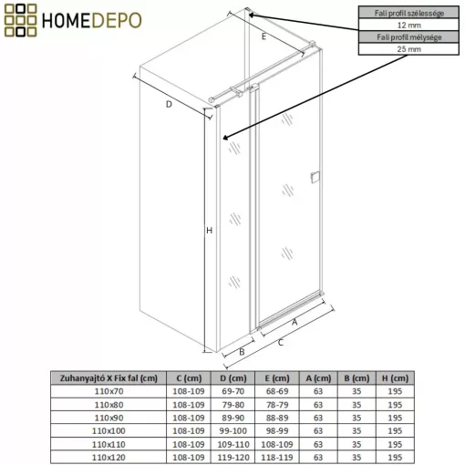 HD Defender "T" Black 110x70 aszimmetrikus szögletes nyílóajtós zuhanykabin 6 mm vastag vízlepergető biztonsági üveggel, fekete színű elemekkel, 195 cm magas