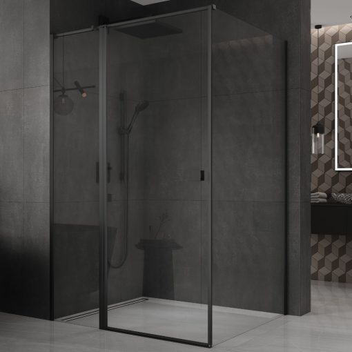 HD Defender "T" Black 120x90 aszimmetrikus szögletes nyílóajtós zuhanykabin 6 mm vastag vízlepergető biztonsági üveggel, fekete színű elemekkel, 195 cm magas