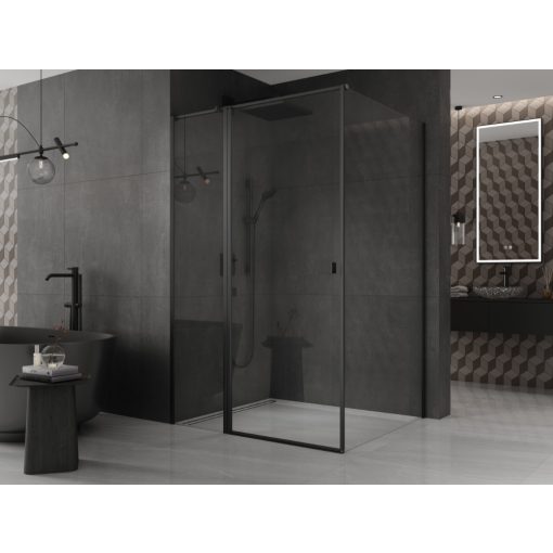 HD Defender "T" Black 120x90 aszimmetrikus szögletes nyílóajtós zuhanykabin 6 mm vastag vízlepergető biztonsági üveggel, fekete színű elemekkel, 195 cm magas