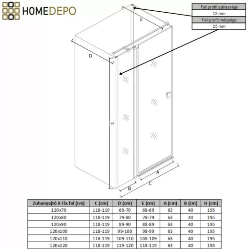 HD Defender "T" Black 120x90 aszimmetrikus szögletes nyílóajtós zuhanykabin 6 mm vastag vízlepergető biztonsági üveggel, fekete színű elemekkel, 195 cm magas