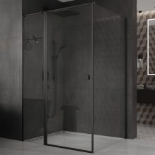 HD Defender "T" Black aszimmetrikus szögletes nyílóajtós zuhanykabin 6 mm vastag vízlepergető biztonsági üveggel, fekete színű elemekkel, 195 cm magas