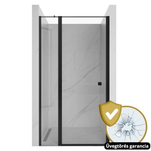 HD Defender Black 90x195, 90 cm széles fix+nyíló zuhanyajtó 6 mm vastag vízlepergető biztonsági üveggel, fekete elemekkel, 195 cm magas