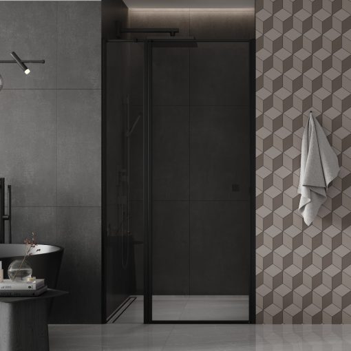 HD Defender Black 90x195, 90 cm széles fix+nyíló zuhanyajtó 6 mm vastag vízlepergető biztonsági üveggel, fekete elemekkel, 195 cm magas