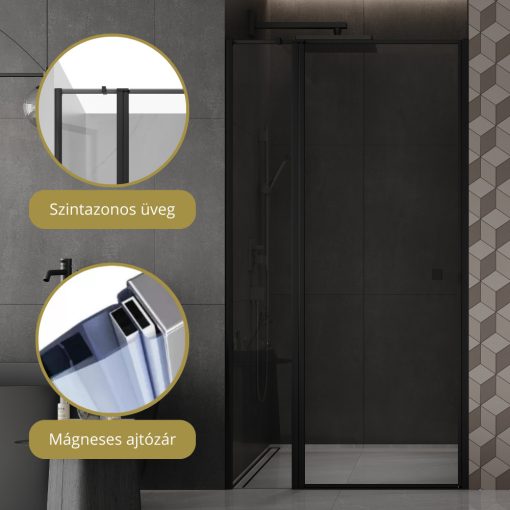 HD Defender Black 90x195, 90 cm széles fix+nyíló zuhanyajtó 6 mm vastag vízlepergető biztonsági üveggel, fekete elemekkel, 195 cm magas