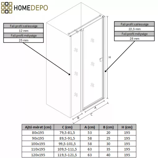 HD Defender Black 80/90/100/110/120 cm széles fix+nyíló zuhanyajtó 6 mm vastag vízlepergető biztonsági üveggel, fekete elemekkel, 195 cm magas