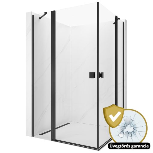 HD Defender Duo "S" Black 80x100 aszimmetrikus szögletes nyílóajtós zuhanykabin 6 mm vastag vízlepergető biztonsági üveggel, fekete elemekkel, 195 cm magas