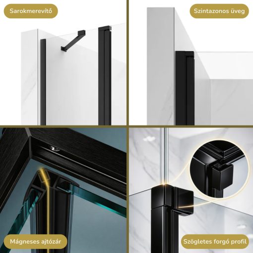 HD Defender Duo "S" Black 80x100 aszimmetrikus szögletes nyílóajtós zuhanykabin 6 mm vastag vízlepergető biztonsági üveggel, fekete elemekkel, 195 cm magas