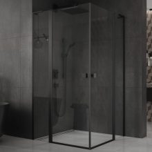 HD Defender Duo "L" Black 100x110 aszimmetrikus szögletes nyílóajtós zuhanykabin 6 mm vastag vízlepergető biztonsági üveggel, fekete elemekkel, 195 cm magas