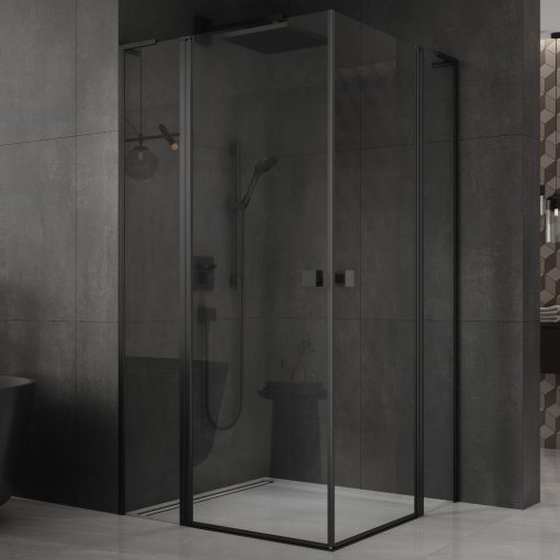 HD Defender Duo "L" Black 100x110 aszimmetrikus szögletes nyílóajtós zuhanykabin 6 mm vastag vízlepergető biztonsági üveggel, fekete elemekkel, 195 cm magas