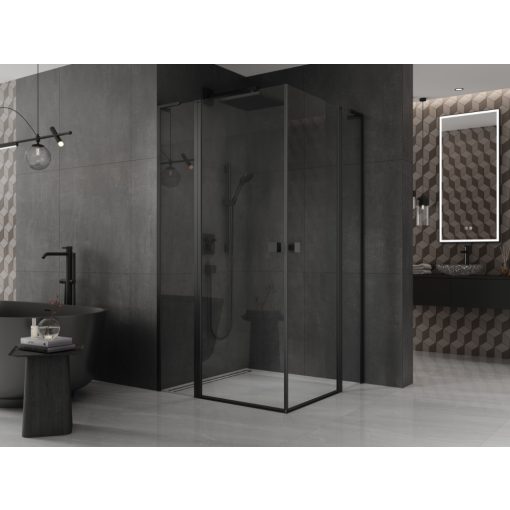 HD Defender Duo "L" Black 100x110 aszimmetrikus szögletes nyílóajtós zuhanykabin 6 mm vastag vízlepergető biztonsági üveggel, fekete elemekkel, 195 cm magas