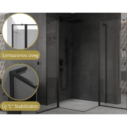 HD Defender Duo "L" Black 100x110 aszimmetrikus szögletes nyílóajtós zuhanykabin 6 mm vastag vízlepergető biztonsági üveggel, fekete elemekkel, 195 cm magas