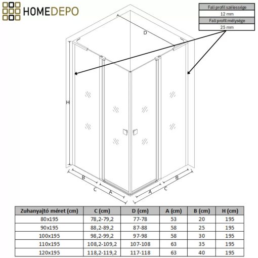 HD Defender Duo "L" Black 100x110 aszimmetrikus szögletes nyílóajtós zuhanykabin 6 mm vastag vízlepergető biztonsági üveggel, fekete elemekkel, 195 cm magas