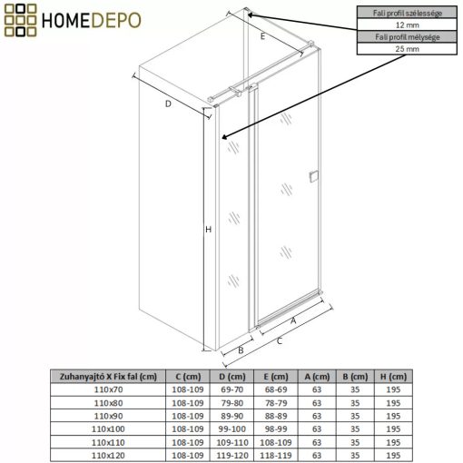 HD Defender "T" 110x90 aszimmetrikus szögletes nyílóajtós zuhanykabin 6 mm vastag vízlepergető biztonsági üveggel, krómozott elemekkel, 195 cm magas