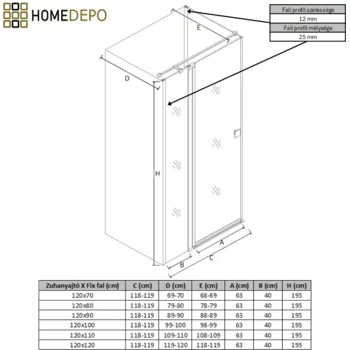 HD Defender "T" 120x70 aszimmetrikus szögletes nyílóajtós zuhanykabin 6 mm vastag vízlepergető biztonsági üveggel, krómozott elemekkel, 195 cm magas
