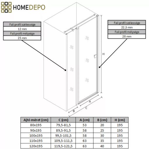 HD Defender 80/90/100/110/120 cm széles fix+nyíló zuhanyajtó 6 mm vastag vízlepergető biztonsági üveggel, krómozott elemekkel, 195 cm magas