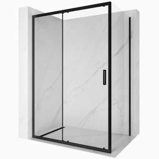 HD Dante Black 120x70 aszimmetrikus szögletes tolóajtós zuhanykabin 6 mm vastag vízlepergető biztonsági üveggel, fekete elemekkel, 195 cm magas