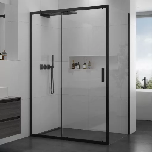 HD Dante Black 120x70 aszimmetrikus szögletes tolóajtós zuhanykabin 6 mm vastag vízlepergető biztonsági üveggel, fekete elemekkel, 195 cm magas