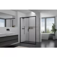 HD Dante Black 120x70 aszimmetrikus szögletes tolóajtós zuhanykabin 6 mm vastag vízlepergető biztonsági üveggel, fekete elemekkel, 195 cm magas