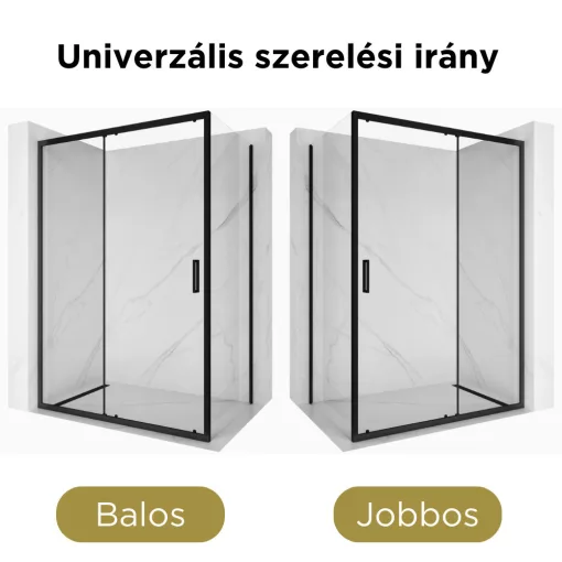 HD Dante Black 120x70 aszimmetrikus szögletes tolóajtós zuhanykabin 6 mm vastag vízlepergető biztonsági üveggel, fekete elemekkel, 195 cm magas