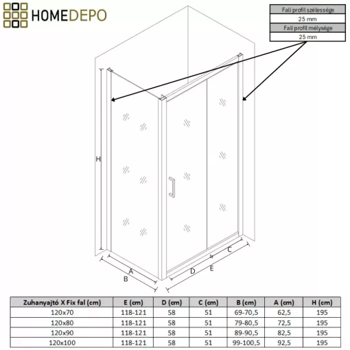 HD Dante Black 120x70 aszimmetrikus szögletes tolóajtós zuhanykabin 6 mm vastag vízlepergető biztonsági üveggel, fekete elemekkel, 195 cm magas