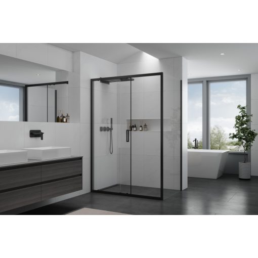 HD Dante Black 130x70 aszimmetrikus szögletes tolóajtós zuhanykabin 6 mm vastag vízlepergető biztonsági üveggel, fekete elemekkel, 195 cm magas