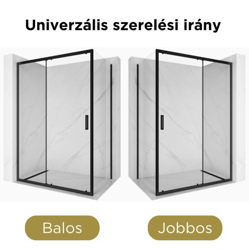 HD Dante Black 130x70 aszimmetrikus szögletes tolóajtós zuhanykabin 6 mm vastag vízlepergető biztonsági üveggel, fekete elemekkel, 195 cm magas