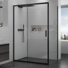 HD Dante Black 140x70 aszimmetrikus szögletes tolóajtós zuhanykabin 6 mm vastag vízlepergető biztonsági üveggel, fekete elemekkel, 195 cm magas